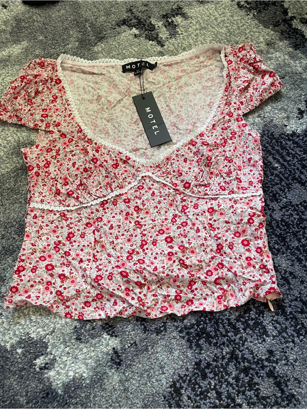 Motel Rocks Pink and White Floral Scoop Neck Crop Top